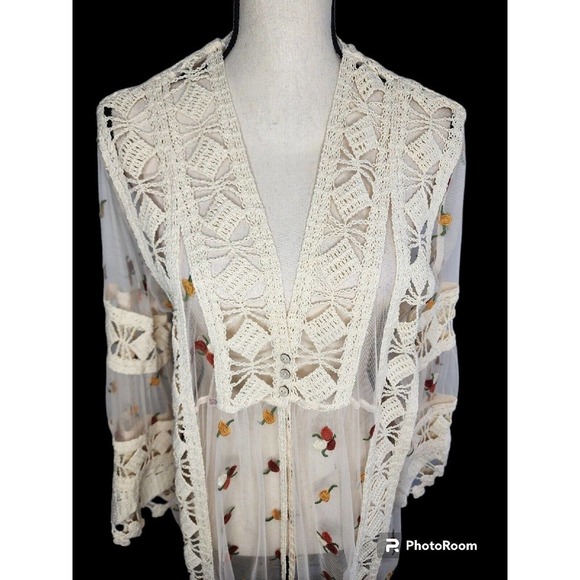 John Mark Anthropologie Boho Long Embroidered Sheer Kimono Duster Size M - Picture 4 of 13